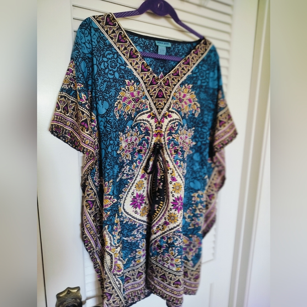 Aqua Blue Women's Paisley Print Short Kaftan Kimono Cover Up Dress One Size